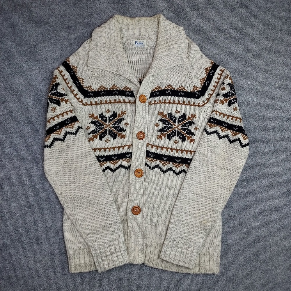 Vintage 70s Sven Cardigan Sweater XL Beige Virgin Acrylic Long Sleeve Cable Knit